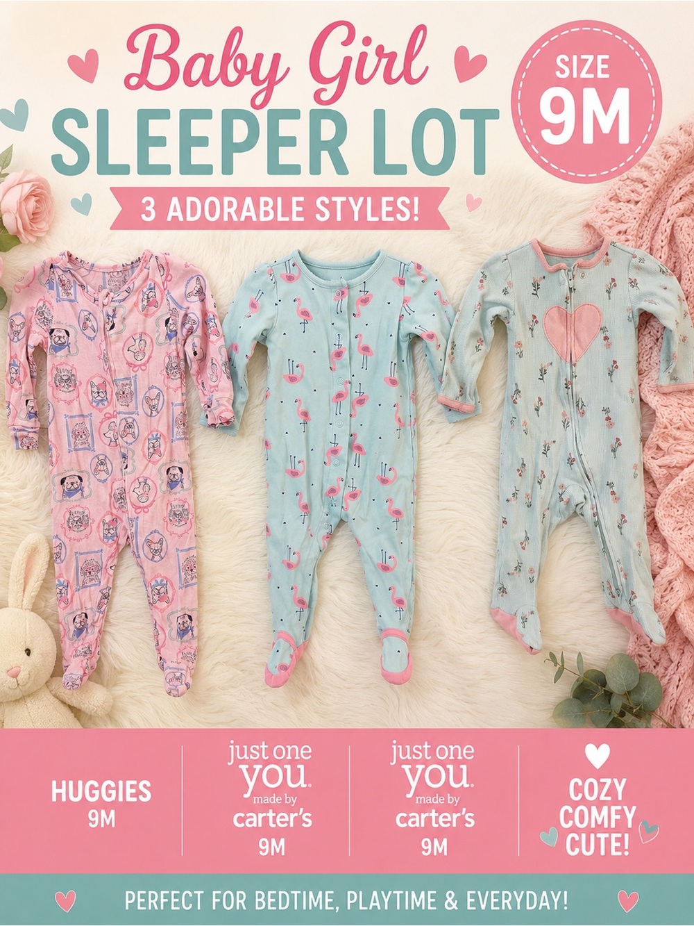 Baby Girl 9M Footed Pajama Sleeper Lot Huggies Carters Flamingo Floral
